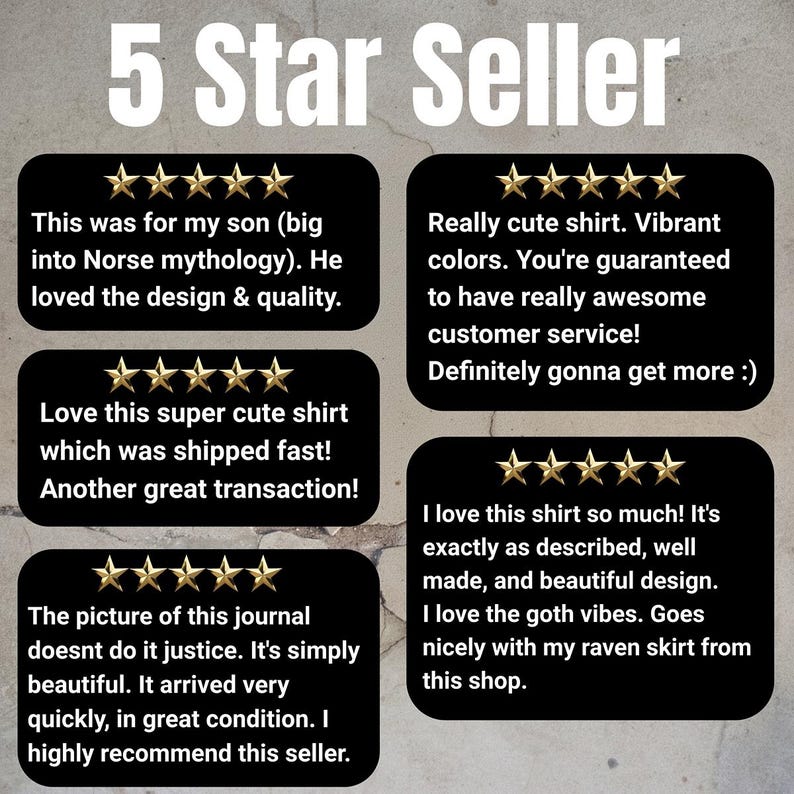 May include: Image of a graphic with the text "5 Star Seller" and customer reviews. The reviews are displayed in black boxes with gold star ratings. The reviews praise the product's design, quality, and customer service.