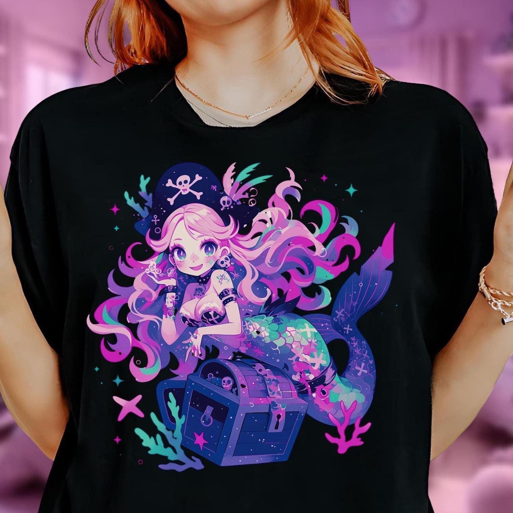 Mermaid Pirate T-shirt, Pastel Goth Graphic Tee, Yami Kawaii