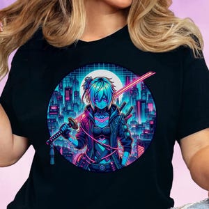 Cyberpunk Anime Streetwear T-Shirt with Neon Samurai Girl, Vaporwave Japanese Aesthetic Tee for Otaku & Gamer Fashion Lovers, Anime Gifts
