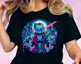 Cyberpunk Anime Streetwear T-Shirt with Neon Samurai Girl, Vaporwave Japanese Aesthetic Tee for Otaku & Gamer Fashion Lovers, Anime Gifts