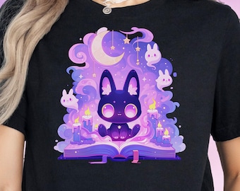 Kawaii Witchy Bunny T-Shirt, Pastel Goth and Harajuku Graphic Tee, Cute Spooky Animal Design, Unisex with Hoodie and Sweatshirt Options