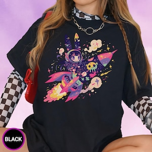 Camiseta de conejito de anime kawaii, linda camiseta gráfica estética de ondas de vapor, ropa gótica pastel, ropa urbana Harajuku, top colorido de dibujos animados japoneses