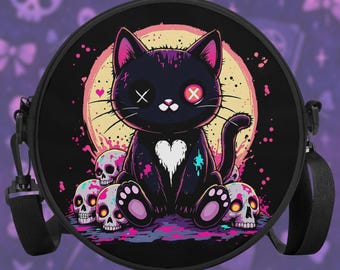 Pastel Goth Cat Satchel Bag for Women Into Gothic, Harajuku & Kawaii Aesthetics, Crossbody Handbag, Cute Creepy Alt Purse Gift for Cat Lover