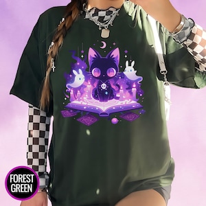 Kawaii Witchy Cat T-Shirt, Harajuku & Pastel Goth Aesthetic, Creepy Cute Tee, Yami Kawaii Gift for Cat Lovers, Plus Size to 5XL, Alt Clothes