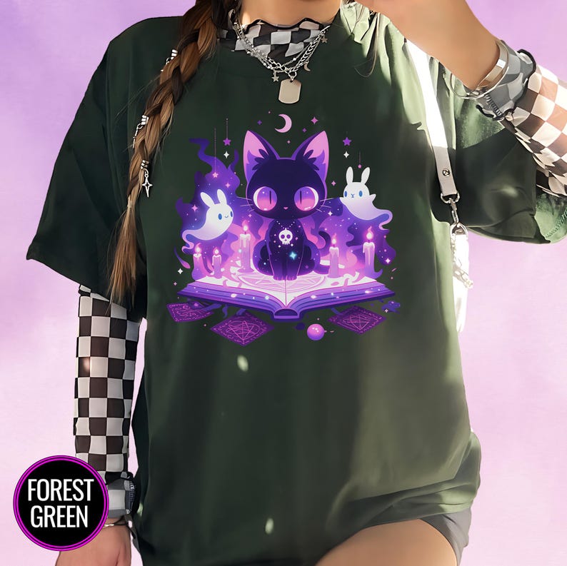 Kawaii Witchy Cat T-Shirt, Harajuku & Pastel Goth Aesthetic, Creepy Cute Tee, Yami Kawaii Gift for Cat Lovers, Plus Size to 5XL, Alt Clothes