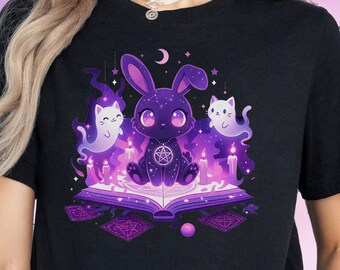 Kawaii Witchy Bunny T-Shirt, Pastel Goth Occult Bunny Tee, Harajuku Animal Lovers Shirt