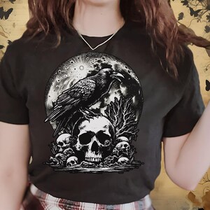 Gothic Raven Skull & Moon Shirt, Witchy Occult Tee, Dark Academia Top, Unique Crow Design, Dark Raven T-Shirt, Edgar Poe Gift for Reader