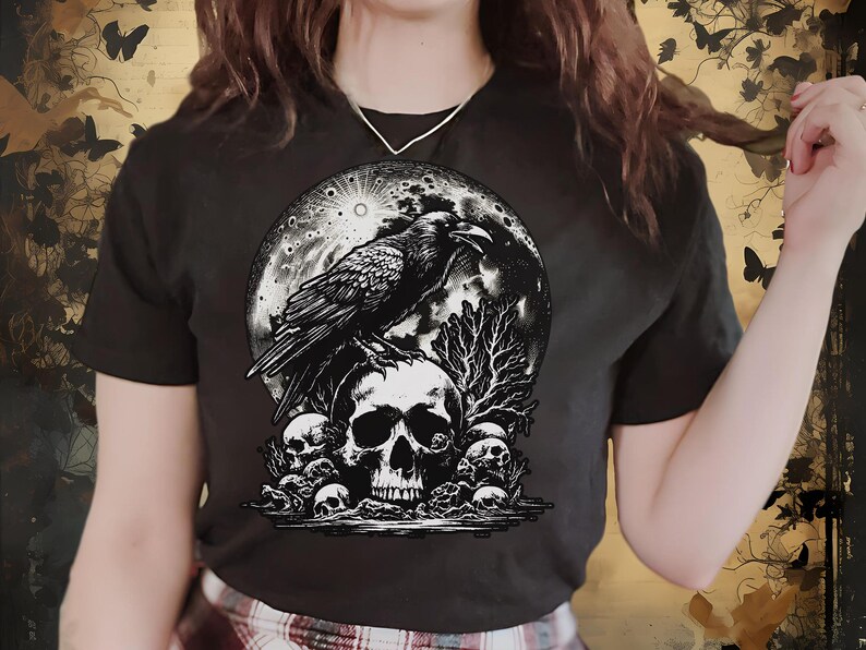 Gothic Raven Skull & Moon Shirt, Witchy Occult Tee, Dark Academia Top, Unique Crow Design, Dark Raven T-Shirt, Edgar Poe Gift for Reader
