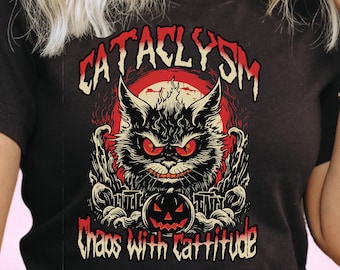 Halloween Rolig Katt-T-shirt för Häxiga Kattälskare som Älskar Alternativt Mode och Gotisk Skräckestetik, Spöklik Grafisk T-shirt Gåva till Kattmamma