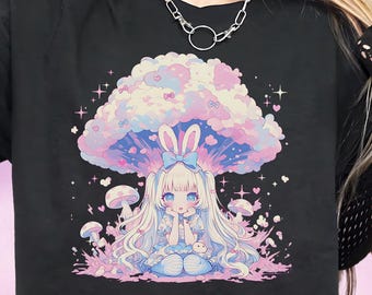 Kawaii Pastel Goth Tee, Cute Bunny T-Shirt, Harajuku Fairycore Graphic Top, Mushroom Cloud Style, Soft Grunge Anime-Inspired Gift for Her