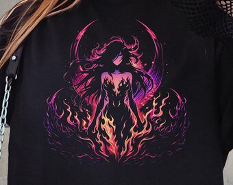 Gothic Fire Goddess T-Shirt, Dark Fantasy Anime Tee, Alternative Occult Anime Top