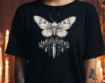 Witchy Gothic Butterly T-Shirt, Moth & Crystal Occult Tee, Alt and Fairy Grunge Clothing