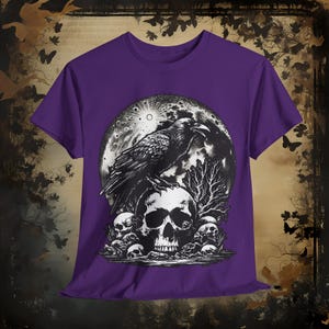 Gothic Raven Skull & Moon Shirt, Witchy Occult Tee, Dark Academia Top, Unique Crow Design, Dark Raven T-Shirt, Edgar Poe Gift for Reader