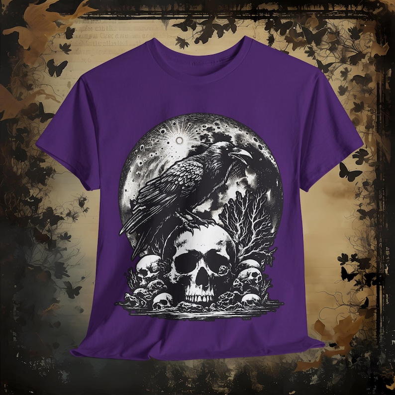 Gothic Raven Skull & Moon Shirt, Witchy Occult Tee, Dark Academia Top, Unique Crow Design, Dark Raven T-Shirt, Edgar Poe Gift for Reader