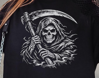 Gothic Grim Reaper T-Shirt, Vintage Line Art Scythe Design, Alternative Streetwear Tee