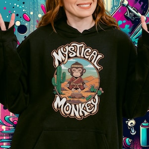 Mystical Monkey Hoody, Meditating Monkey Zen Hoodie, Retro 70s Style, Spiritual Desert Clothes, Urban Streetwear, Unique Animal Sweater Gift