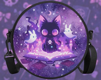 Kawaii Witchy Cat Satchel Bag for Girls into Cats, Pastel Goth & Harajuku Aesthetic, Creepy Cute Black Cat Crossbody Purse, Alt Fashion Gift