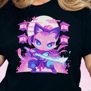 Anime Samurai Cat Graphic Tee for Fans of Harajuku, Kawaii and Anime Aesthetics, Japanese Manga Style Chibi Warrior Gift, Otaku Gamer Tee