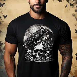 Gothic Raven Skull & Moon Shirt, Witchy Occult Tee, Dark Academia Top, Unique Crow Design, Dark Raven T-Shirt, Edgar Poe Gift for Reader