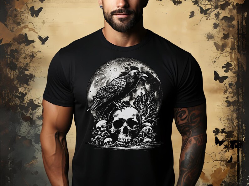 Gothic Raven Skull & Moon Shirt, Witchy Occult Tee, Dark Academia Top, Unique Crow Design, Dark Raven T-Shirt, Edgar Poe Gift for Reader