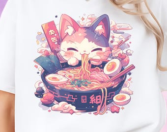 パステルゴスラーメン猫Tシャツ、ヤミカワイイシャツ、オルタナティブクロージング、日本のグルメシャツ、ラーメン＆猫好きトップ、カワイイキティTシャツギフト