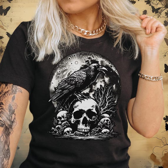 Gothic Raven Skull & Moon Shirt, Witchy Occult Tee, Dark Academia Top, Unique Crow Design, Dark Raven T-Shirt, Edgar Poe Gift for Reader