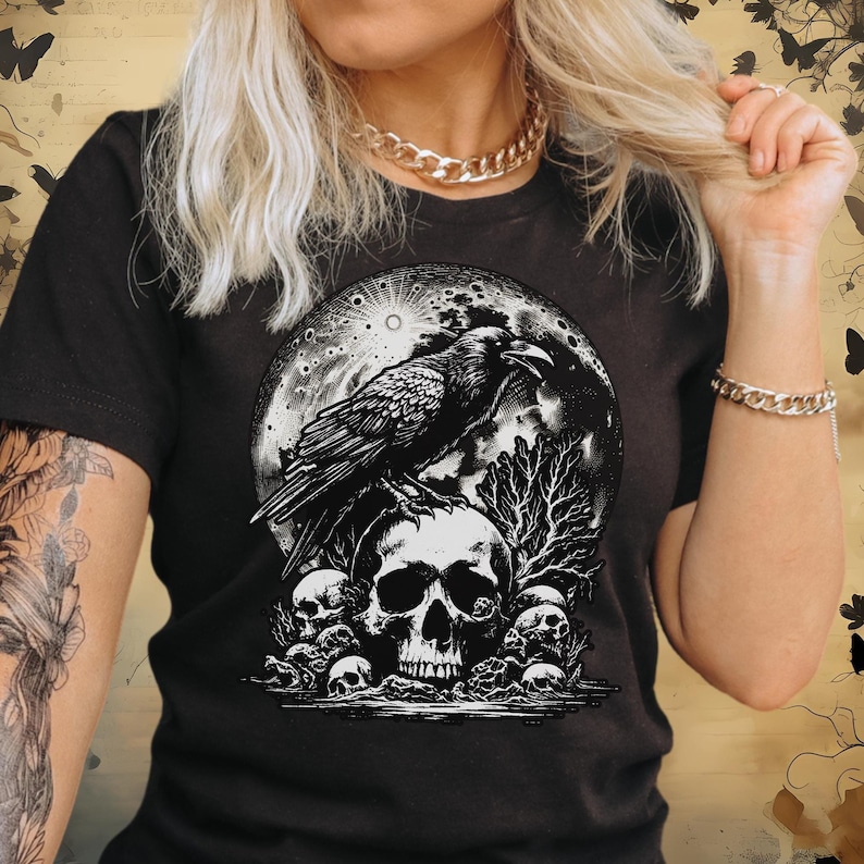 Gothic Raven Skull & Moon Shirt, Witchy Occult Tee, Dark Academia Top, Unique Crow Design, Dark Raven T-Shirt, Edgar Poe Gift for Reader