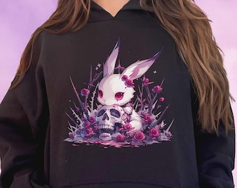 Creepy Cute Bunny Hoody, Weirdcore Pastel Goth Hooded Sweatshirt, Yami Kawaii, Harajuku Top, Witchy & Pastel Grunge Hoodie, Alt Goth Gift