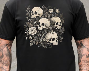 Gothic Floral Skull T-Shirt, Romantic Occult Witchy Tee, Alternative Grunge Goth Clothing