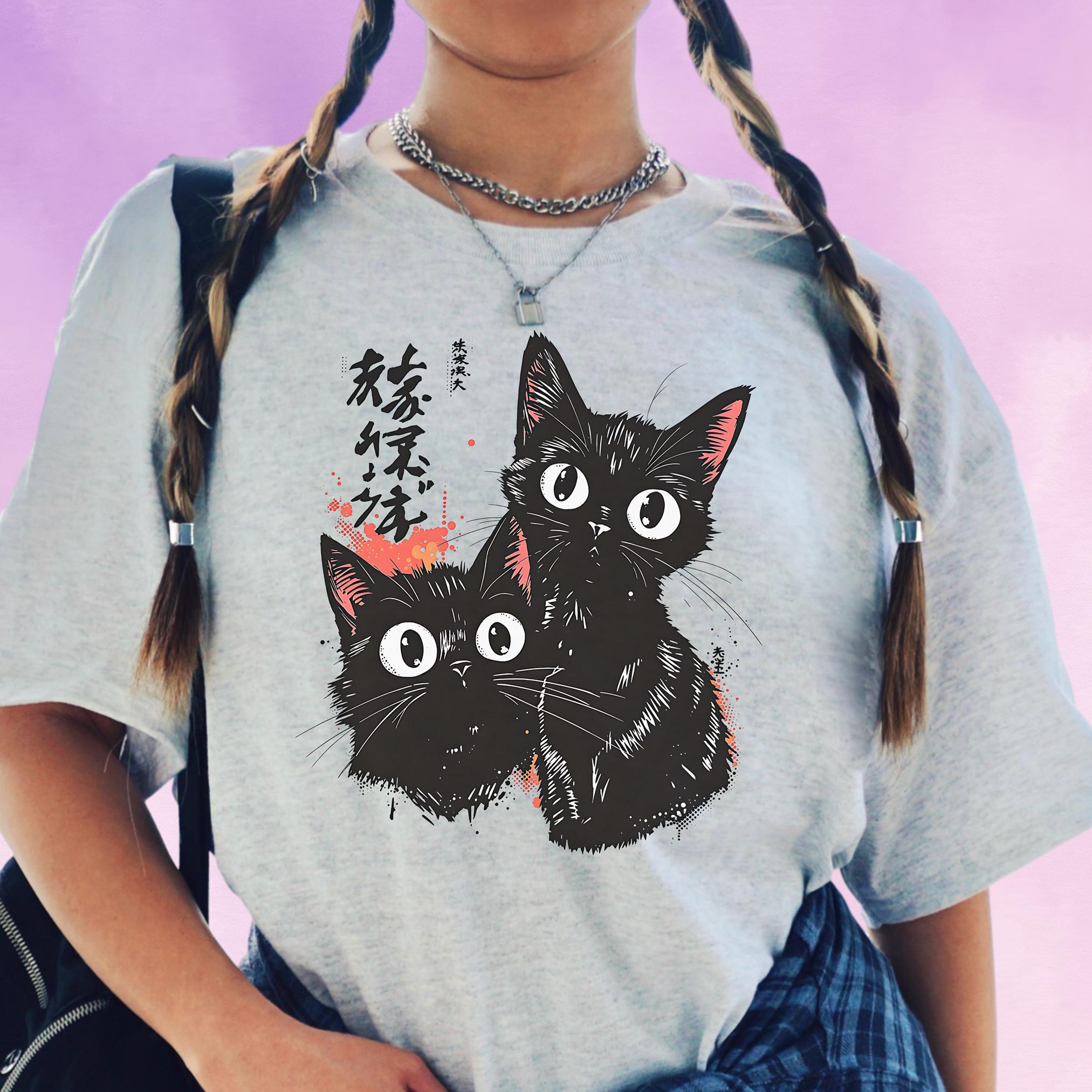 Black Cat Anime T-shirt for Women Into Kawaii, Harajuku & Edgy Cat