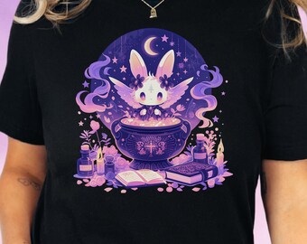 Kawaii Witchy Bunny T-Shirt, Pastel Goth Celestial Moon Graphic Tee, Anime Style Top