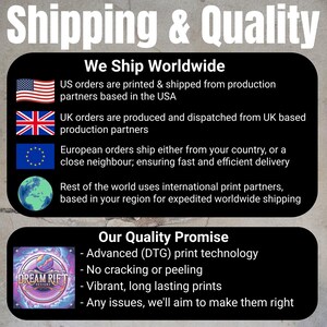 May include: Black graphic with white text stating "Shipping & Quality" and "We Ship Worldwide". Includes flags of the USA, UK, EU, and a globe. Also includes "Our Quality Promise" and "Dream Rift Designz" logo.