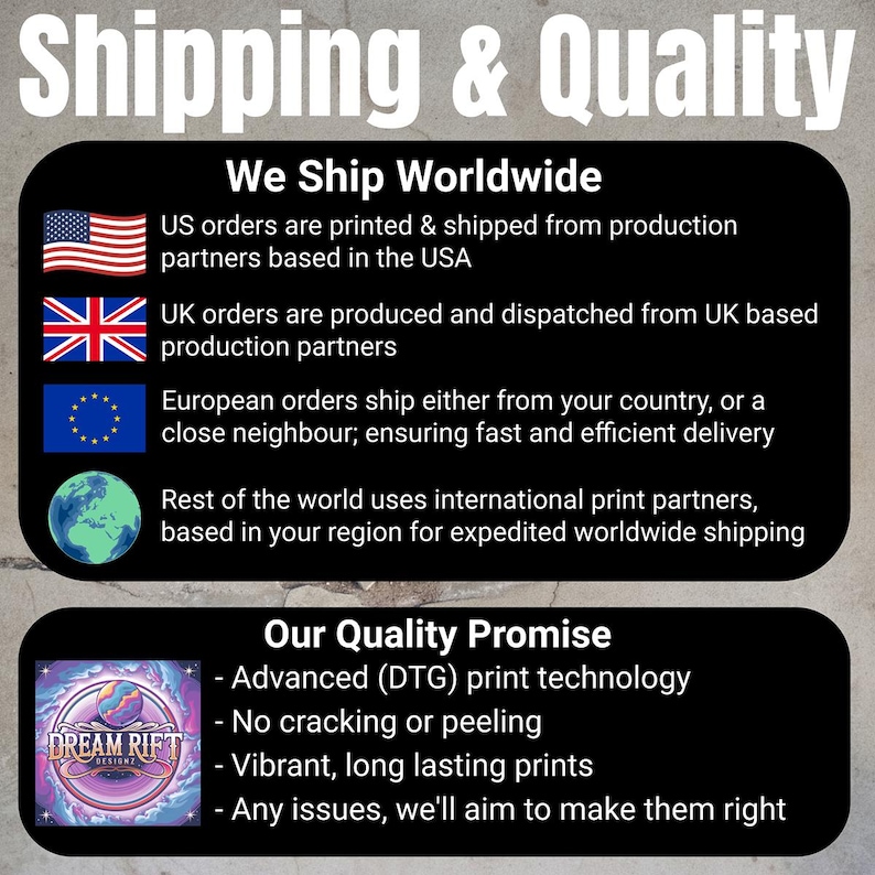 May include: Black graphic with white text stating "Shipping & Quality" and "We Ship Worldwide". Includes flags of the USA, UK, EU, and a globe. Also includes "Our Quality Promise" and "Dream Rift Designz" logo.