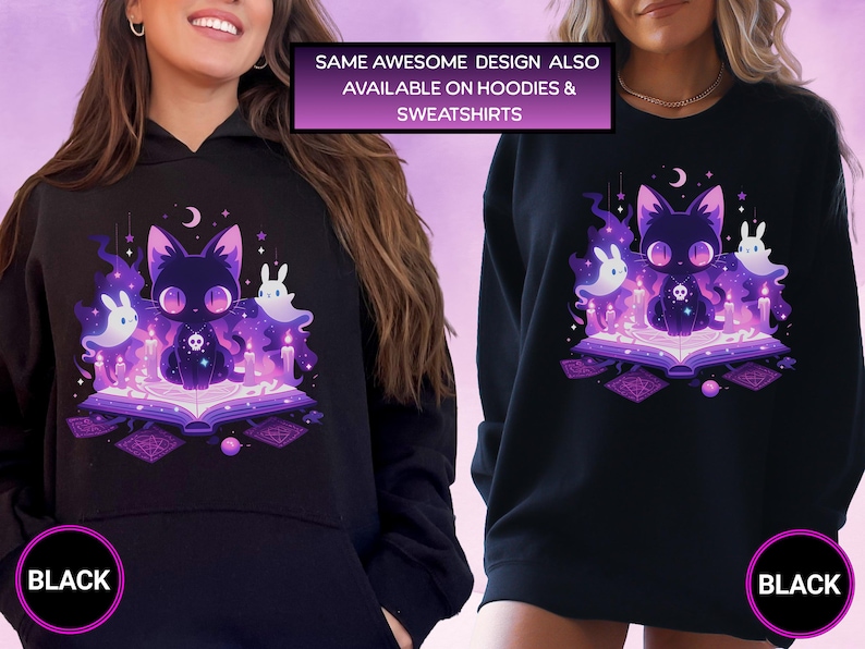 Kawaii Witchy Cat T-Shirt, Harajuku & Pastel Goth Aesthetic, Creepy Cute Tee, Yami Kawaii Gift for Cat Lovers, Plus Size to 5XL, Alt Clothes