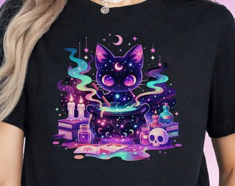 Kawaii Witchy Cat T-Shirt, Pastel Goth & Harajuku Graphic Tee, Mystical Streetwear Top, Alt Fashion
