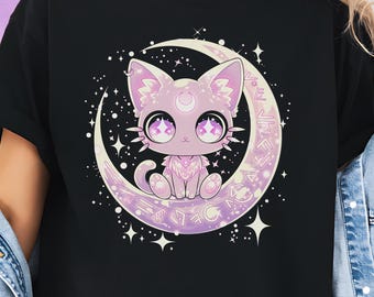 Pastel Goth Kawaii Moon Cat Shirt, Cute Graphic T-Shirt for Witchy & Harajuku Aesthetics