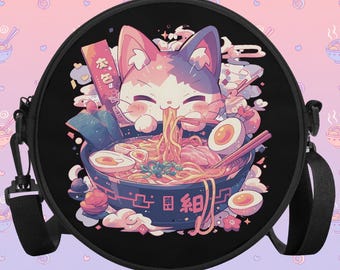 Ramen Cat Round Satchel Bag for Women Into Pastel Goth, Harajuku and Anime Aesthetics,  Cute Japanese Purse & Handbag Gift for Kawaii Goths