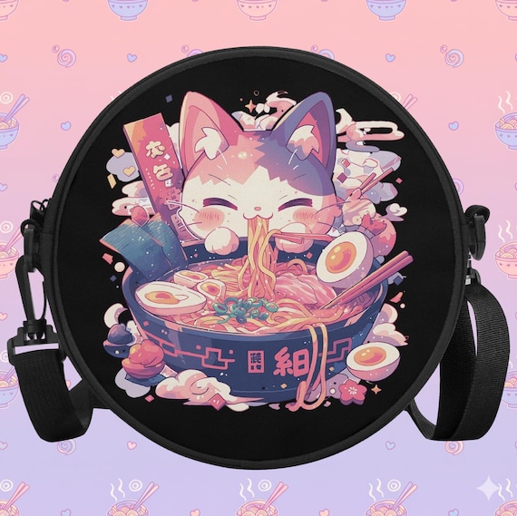 Ramen Cat Round Satchel Bag for Women Into Pastel Goth, Harajuku and Anime Aesthetics,  Cute Japanese Purse & Handbag Gift for Kawaii Goths