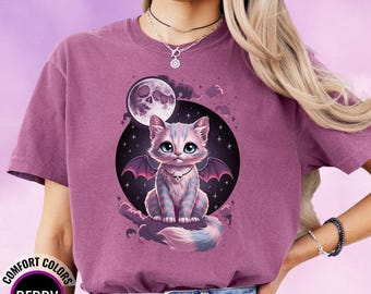 Comfort Colors Pastel Goth Cat T-Shirt, Kawaii Vampire Cat Moon Tee, Plus Sizes