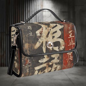 Könnte beinhalten: Rechteckige Umhängetasche mit schwarzem Griff und Schultergurt. Die Tasche hat einen Used-Print mit chinesischen Schriftzeichen in Weiß und Rot auf braunem und schwarzem Hintergrund. Die Tasche hat einen silbernen Verschluss.