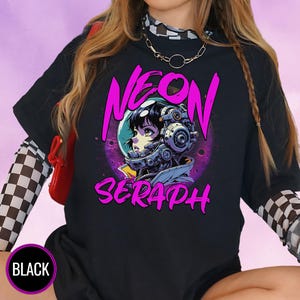 Neon Cyberpunk Anime Girl T-Shirt for Alt Fashion Lovers, Mecha Otaku Graphic Top, Vaporwave Streetwear Tee for Gamers, Y2K Aesthetic Shirt