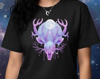 Pastel Goth Deer Skull Shirt for Alt Girls into Witchy, Celestial & Gothic Aesthetics, Dark Fantasy Clothing, Forest Witch Graphic Tee Gift