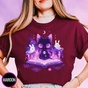 Kawaii Witchy Cat T-Shirt, Harajuku & Pastel Goth Aesthetic, Creepy Cute Tee, Yami Kawaii Gift for Cat Lovers, Plus Size to 5XL, Alt Clothes