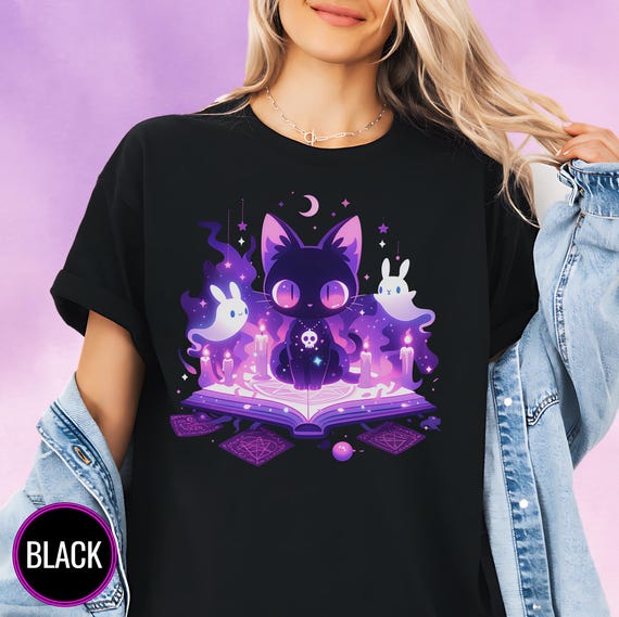 Kawaii Witchy Cat T-Shirt, Harajuku & Pastel Goth Aesthetic, Creepy Cute Tee, Yami Kawaii Gift for Cat Lovers, Plus Size to 5XL, Alt Clothes