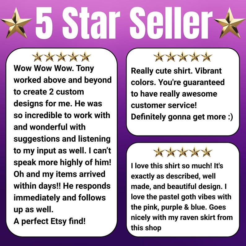 May include: A purple and white graphic with the text "5 Star Seller" and customer reviews. The reviews praise the seller's customer service, design work, and product quality. Gold stars are used for emphasis.