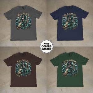 May include: Four t-shirts in different colors: gray, navy blue, brown, and green. Each shirt features a graphic of a mermaid on a skull with the text "SEA WITCH". A button indicates "MORE COLORS AVAILABLE".