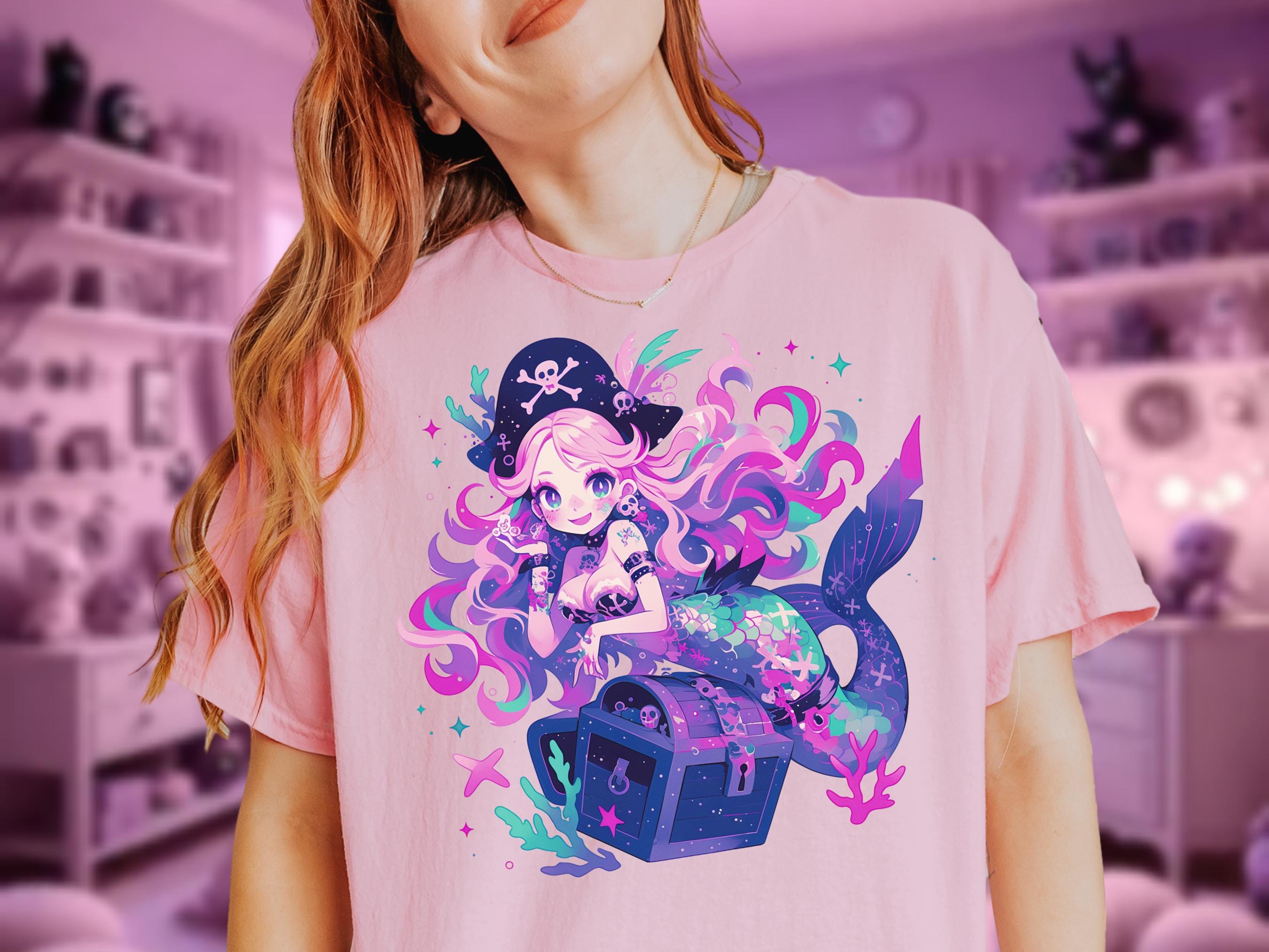 Mermaid Pirate T-shirt, Pastel Goth Graphic Tee, Yami Kawaii