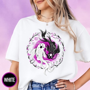 Yin Yang koivisshirt, esthetisch Japans kunstt-shirt met kersenbloesems, spiritueel evenwicht grafisch T-shirt, uniek cadeau harajuku voor animefans