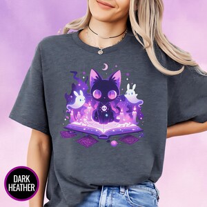 Kawaii Witchy Cat T-Shirt, Harajuku & Pastel Goth Aesthetic, Creepy Cute Tee, Yami Kawaii Gift for Cat Lovers, Plus Size to 5XL, Alt Clothes