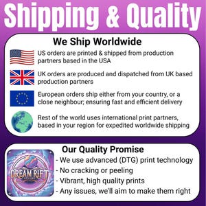 K&ouml;nnte beinhalten: Grafik mit dem Text "Shipping & Quality" auf lila Hintergrund. Sie zeigt weltweiten Versand und Qualit&auml;tssicherung, einschlie&szlig;lich fortschrittlicher Drucktechnologie und lebendiger Drucke.